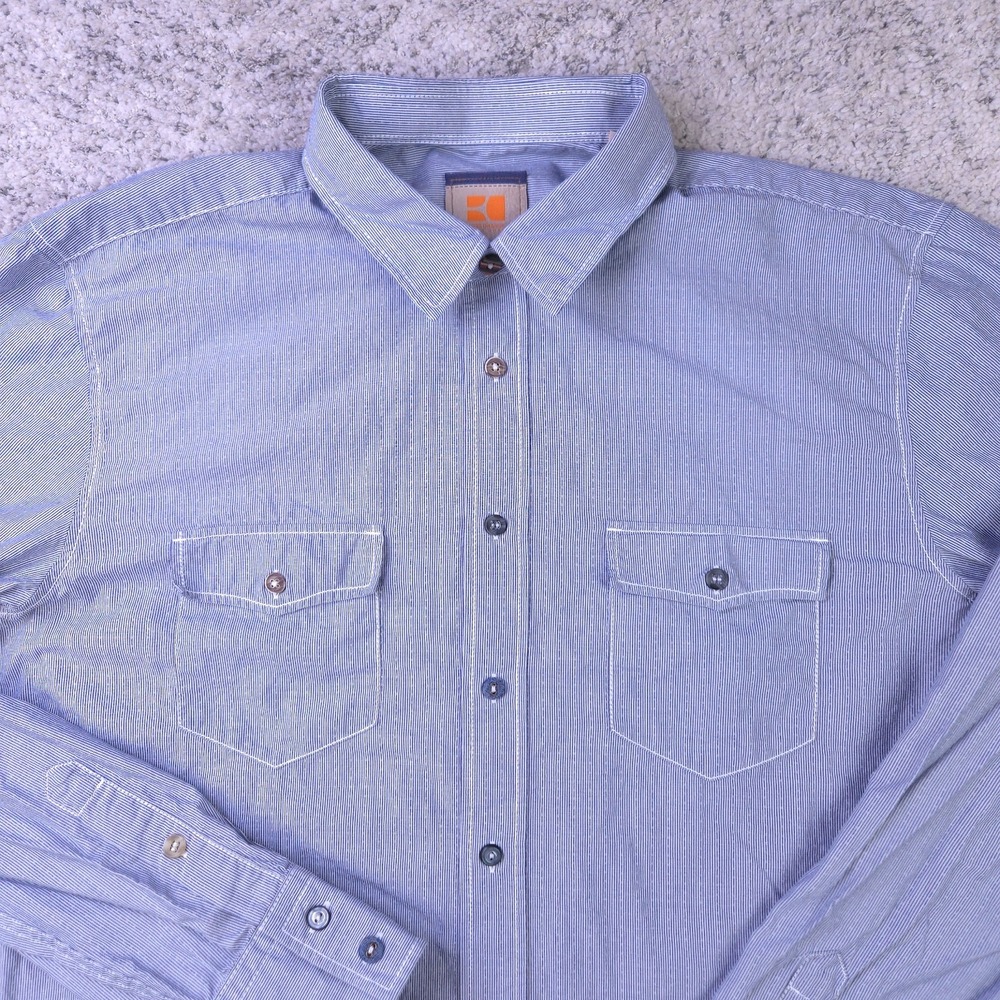 Boss Orange Shirt Mens XL Slim Striped Long Sleeve Collared Hugo Blue Two Pocket